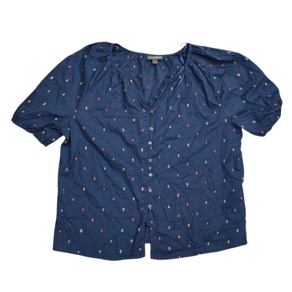 Style & Co Vacay Wovens Womens Ikat Blue Button-Up Blouse XL Cotton Short Sleeve